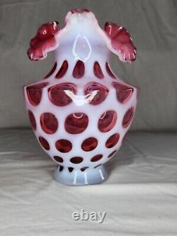 Fenton Cranberry Opalescent Coin Dot Vase 1959 Unique Shape