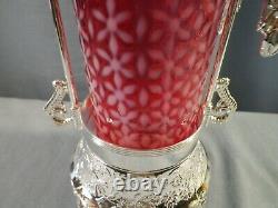 Fenton Cranberry Opalescent Glass Snowflake Silver Plate Pickle Castor with Tongs