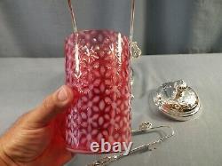 Fenton Cranberry Opalescent Glass Snowflake Silver Plate Pickle Castor with Tongs