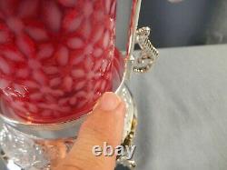 Fenton Cranberry Opalescent Glass Snowflake Silver Plate Pickle Castor with Tongs