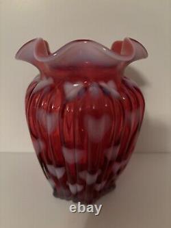 Fenton Cranberry Opalescent Heart Optic Ribbed Vase 1994 5 Sentiment Collection