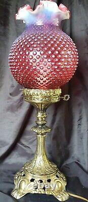 Fenton Cranberry Opalescent Hobnail Banquet Lamp With Ornate Gold Base Gorgeous