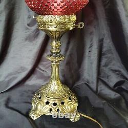 Fenton Cranberry Opalescent Hobnail Banquet Lamp With Ornate Gold Base Gorgeous