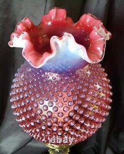 Fenton Cranberry Opalescent Hobnail Banquet Lamp With Ornate Gold Base Gorgeous