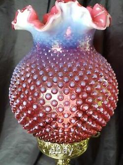 Fenton Cranberry Opalescent Hobnail Banquet Lamp With Ornate Gold Base Gorgeous