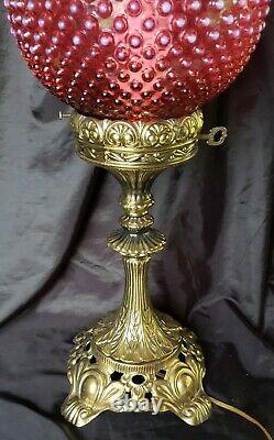 Fenton Cranberry Opalescent Hobnail Banquet Lamp With Ornate Gold Base Gorgeous