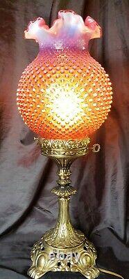 Fenton Cranberry Opalescent Hobnail Banquet Lamp With Ornate Gold Base Gorgeous