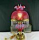 Fenton Cranberry Opalescent Hobnail Gone With The Wind Lamp With Hanging Prisms