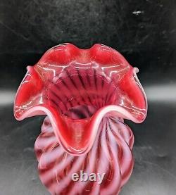 Fenton Cranberry Opalescent Swirl Ribbed 11.25 Ruffled Are Glass Vase