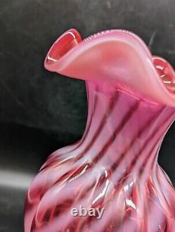 Fenton Cranberry Opalescent Swirl Ribbed 11.25 Ruffled Are Glass Vase