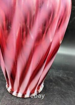 Fenton Cranberry Opalescent Swirl Ribbed 11.25 Ruffled Are Glass Vase