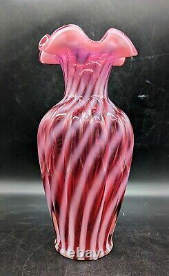 Fenton Cranberry Opalescent Swirl Ribbed 11.25 Ruffled Are Glass Vase