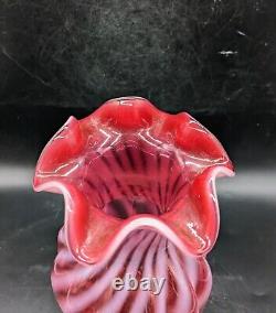 Fenton Cranberry Opalescent Swirl Ribbed 11.25 Ruffled Are Glass Vase