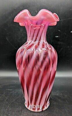 Fenton Cranberry Opalescent Swirl Ribbed 11.25 Ruffled Are Glass Vase