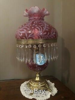 Fenton Daisy & Fern Cranberry Opalescent 20 Electric Lamp With Prisms