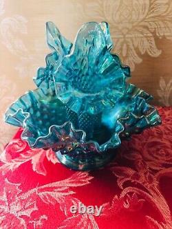Fenton Deep Blue/Turquoise Opalescent Hobnail 3 Horn Epergne