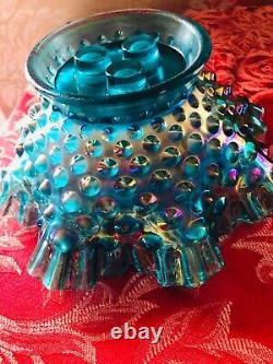 Fenton Deep Blue/Turquoise Opalescent Hobnail 3 Horn Epergne