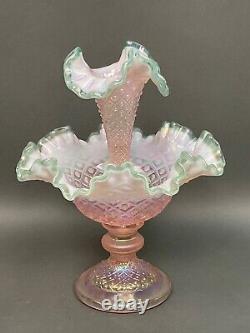 Fenton Epergne Pink Champagne/ Mint Green edge Opalescent Iridized Diamond Lace