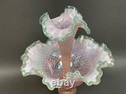 Fenton Epergne Pink Champagne/ Mint Green edge Opalescent Iridized Diamond Lace