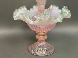 Fenton Epergne Pink Champagne/ Mint Green edge Opalescent Iridized Diamond Lace