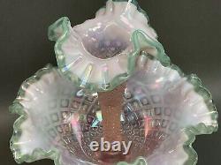 Fenton Epergne Pink Champagne/ Mint Green edge Opalescent Iridized Diamond Lace