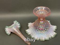 Fenton Epergne Pink Champagne/ Mint Green edge Opalescent Iridized Diamond Lace