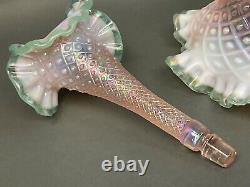 Fenton Epergne Pink Champagne/ Mint Green edge Opalescent Iridized Diamond Lace