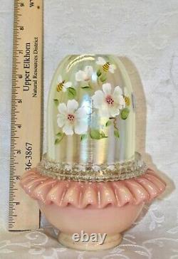 Fenton, Fairy Light, Burmese & Topaz Opalescent Glass, Hand Decorated, Honey Bee