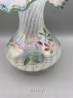 Fenton Floral Opalescent Spiral Optic Hand Painted Vase Emerald Green Ruffle Rim