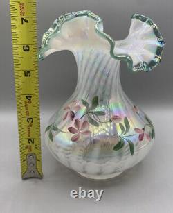 Fenton Floral Opalescent Spiral Optic Hand Painted Vase Emerald Green Ruffle Rim