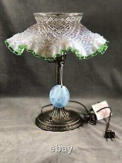 Fenton French Opalescent Emerald Crest Diamond Lace Desk Lamp