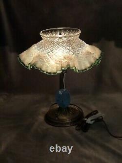 Fenton French Opalescent Emerald Crest Diamond Lace Desk Lamp