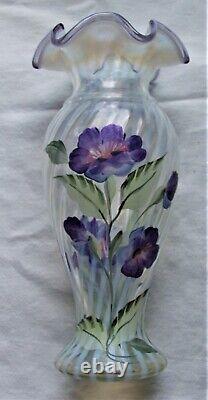 Fenton French Opalescent Rib Optic Cottage Rose Hand Painted Vase 8 1/4