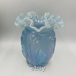 Fenton Glass 8 Blue Iridescent Opaline Vase W Daffodils Original Sticker