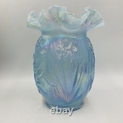 Fenton Glass 8 Blue Iridescent Opaline Vase W Daffodils Original Sticker