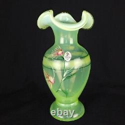 Fenton Glass Hand Painted Vase Opaline Iridescent Flowers 8.5 Tall Signed