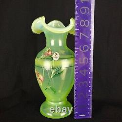 Fenton Glass Hand Painted Vase Opaline Iridescent Flowers 8.5 Tall Signed