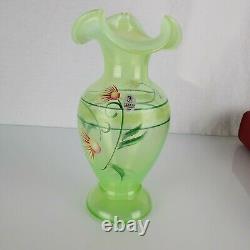 Fenton Glass Hand Painted Vase Opaline Iridescent Flowers 8.5 Tall Signed