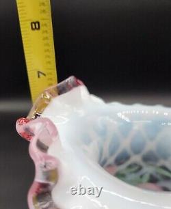 Fenton Glass White Opalescent Diamond Trellis Pink Crest HP Floral Pitcher SIGND