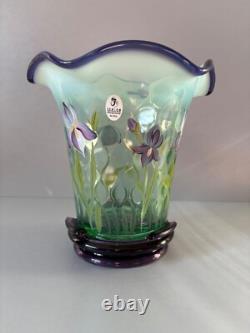 Fenton Green Opal Glass Purple Iris Flip Vase and Base Designer Showcase Series