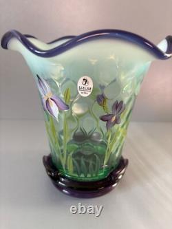 Fenton Green Opal Glass Purple Iris Flip Vase and Base Designer Showcase Series