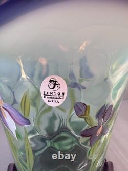 Fenton Green Opal Glass Purple Iris Flip Vase and Base Designer Showcase Series