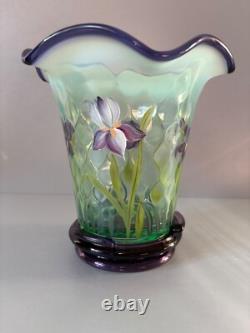 Fenton Green Opal Glass Purple Iris Flip Vase and Base Designer Showcase Series