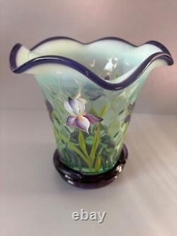 Fenton Green Opal Glass Purple Iris Flip Vase and Base Designer Showcase Series