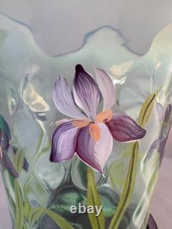 Fenton Green Opal Glass Purple Iris Flip Vase and Base Designer Showcase Series