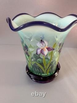 Fenton Green Opal Glass Purple Iris Flip Vase and Base Designer Showcase Series