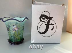 Fenton Green Opal Glass Purple Iris Flip Vase and Base Designer Showcase Series
