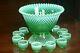 Fenton Green Opalescent Hobnail Punch Bowl Base 12 Cups With Holders Glows