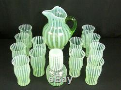 Fenton Green Opalescent Optic Art Glass Pitcher 12 Cups Night Cap Set Excellent