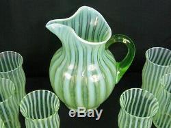 Fenton Green Opalescent Optic Art Glass Pitcher 12 Cups Night Cap Set Excellent